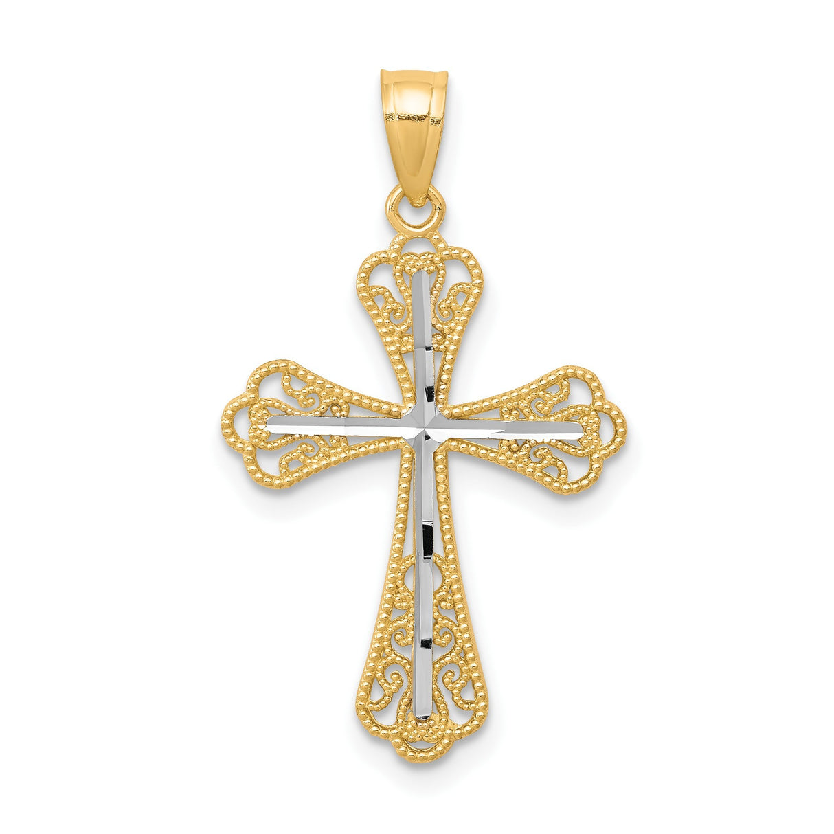 10k Two-Tone Gold Cross Pendant with Rhodium Accent and Filigree Design