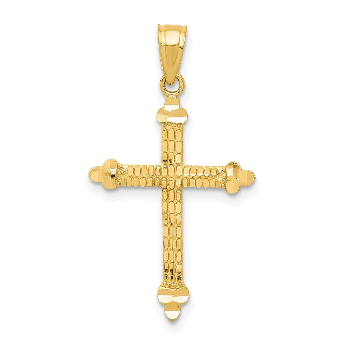 10k Yellow Gold Cross Pendant with Hammered Finish and Fleur Tips Budded Design