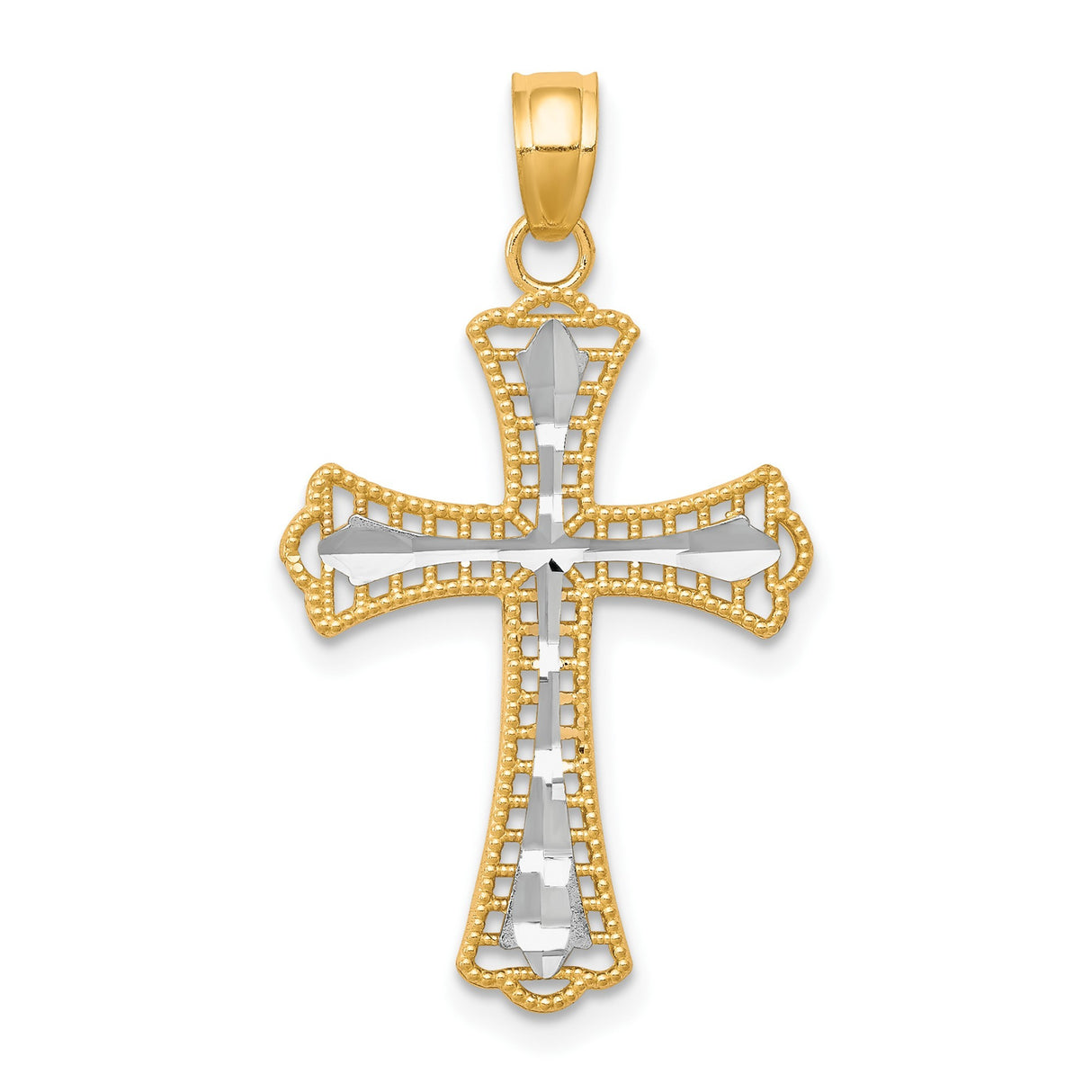 10k Multi-Tone Gold Cross Pendant, Diamond-Cut Textured Religious Charm for Men and Women