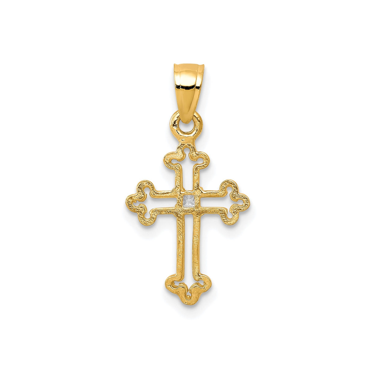 10k Yellow Gold Cross Pendant with Cubic Zirconia and Ornamental Scroll Openwork Design