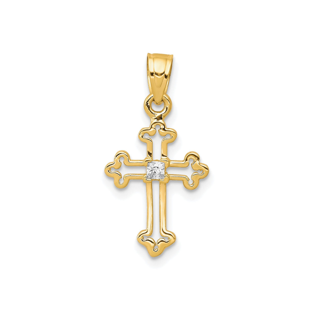 10k Yellow Gold Cross Pendant with Cubic Zirconia and Ornamental Scroll Openwork Design
