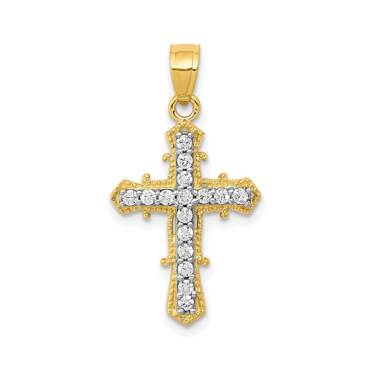 10k Yellow Gold Cross Pendant with Cubic Zirconia, Beveled Edges and Two-Tone Detail