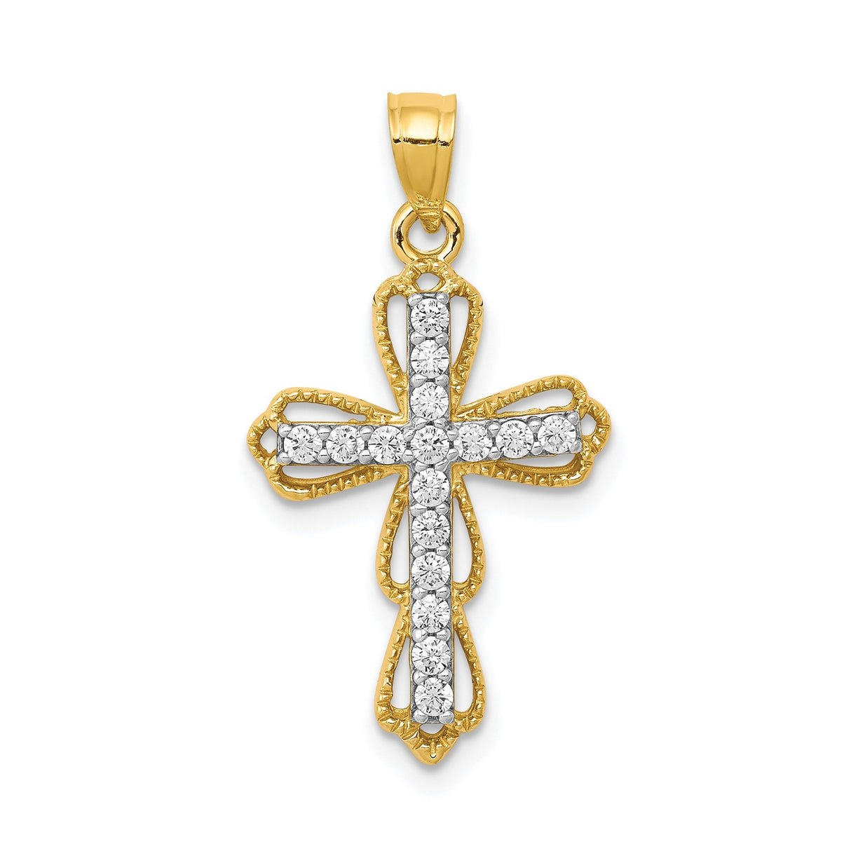 10k Yellow Gold Cross Pendant with Cubic Zirconia, Filigree Design and Rope Texture