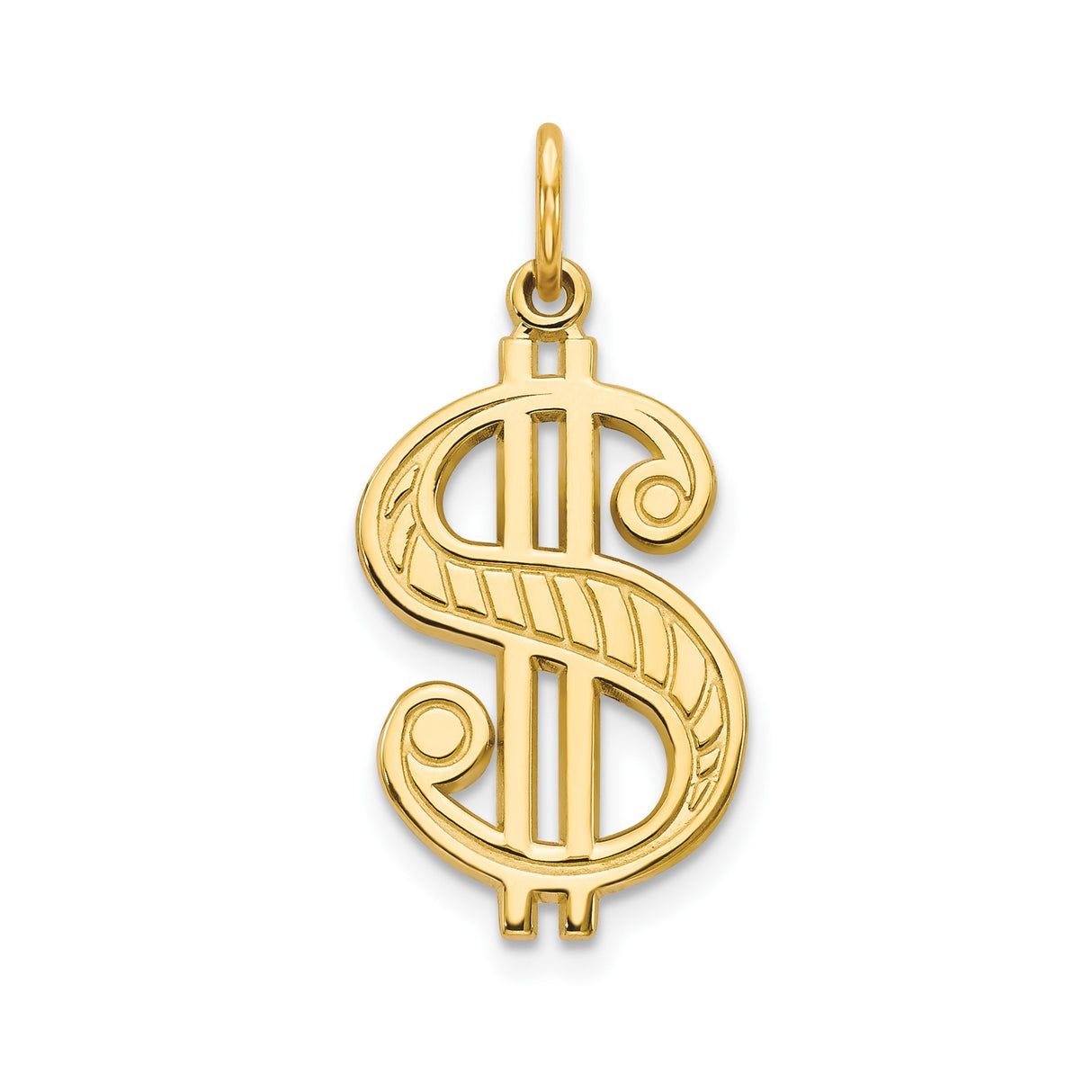 10k Yellow Gold Dollar Sign Pendant, Cut-Out Money Symbol, Hip Hop Statement Jewelry for Men or Unisex