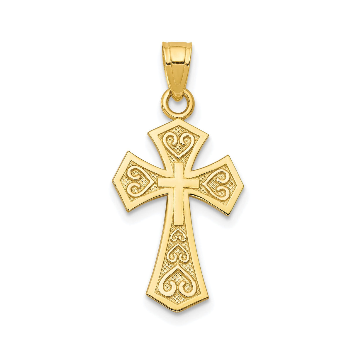 10k Yellow Gold Cross Pendant with Filigree and Heart Scroll Design