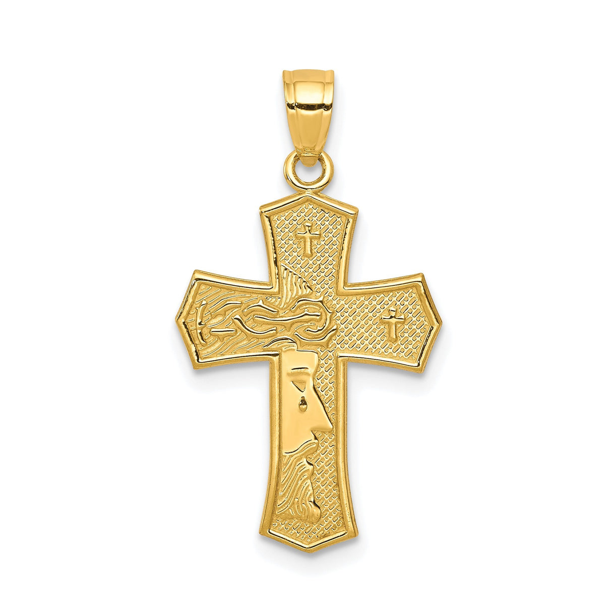10k Yellow Gold Cross Pendant with Detailed Crucifix Design and Textured Background