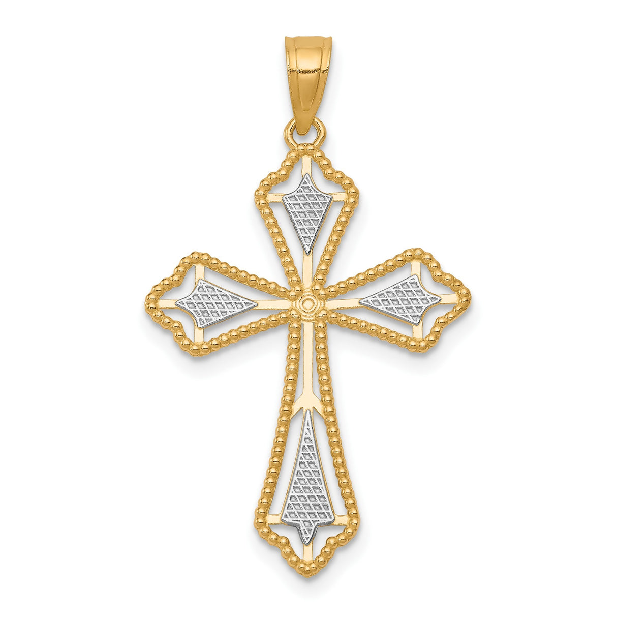 10k Multi-Tone Gold Cross Pendant with Rhodium Accents and Diamond-Cut Openwork Design