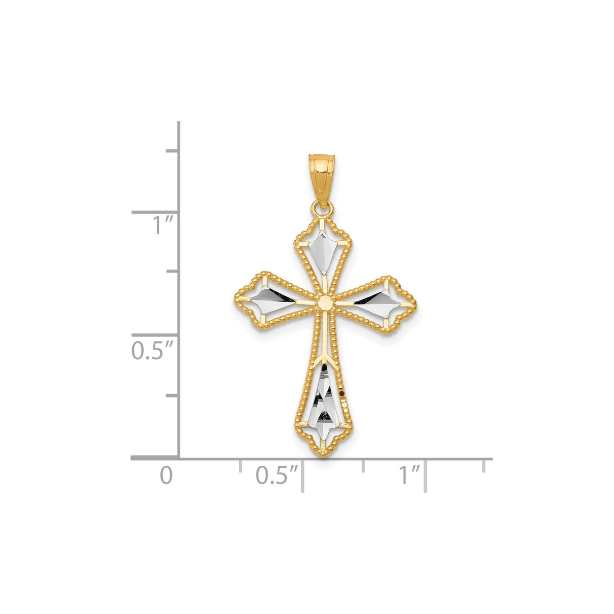 10k Multi-Tone Gold Cross Pendant with Rhodium Accents and Diamond-Cut Openwork Design