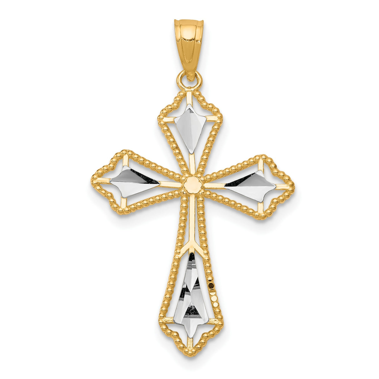 10k Multi-Tone Gold Cross Pendant with Rhodium Accents and Diamond-Cut Openwork Design