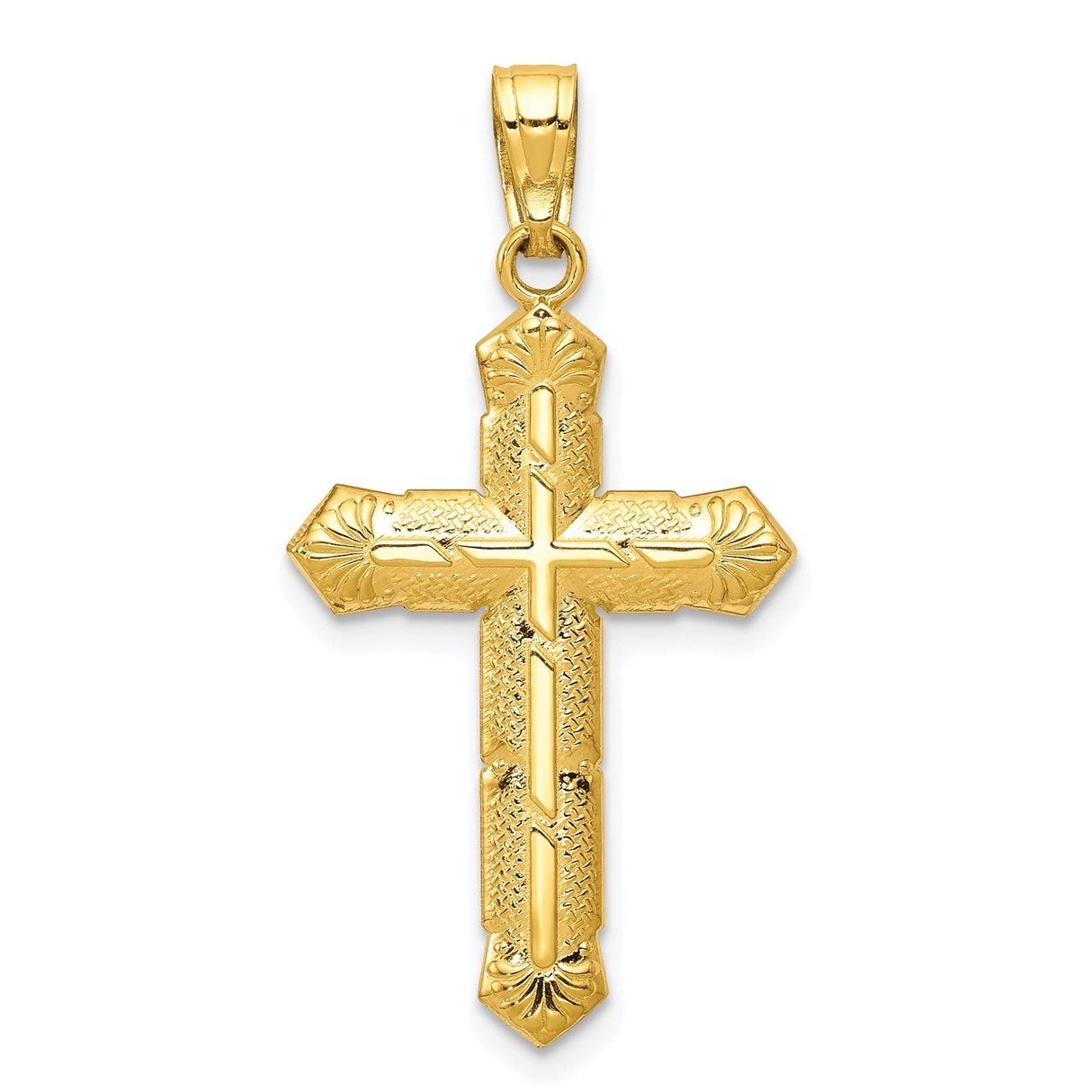 10k Yellow Gold Cross Pendant with Etched Floral Detail and Mirror Finish