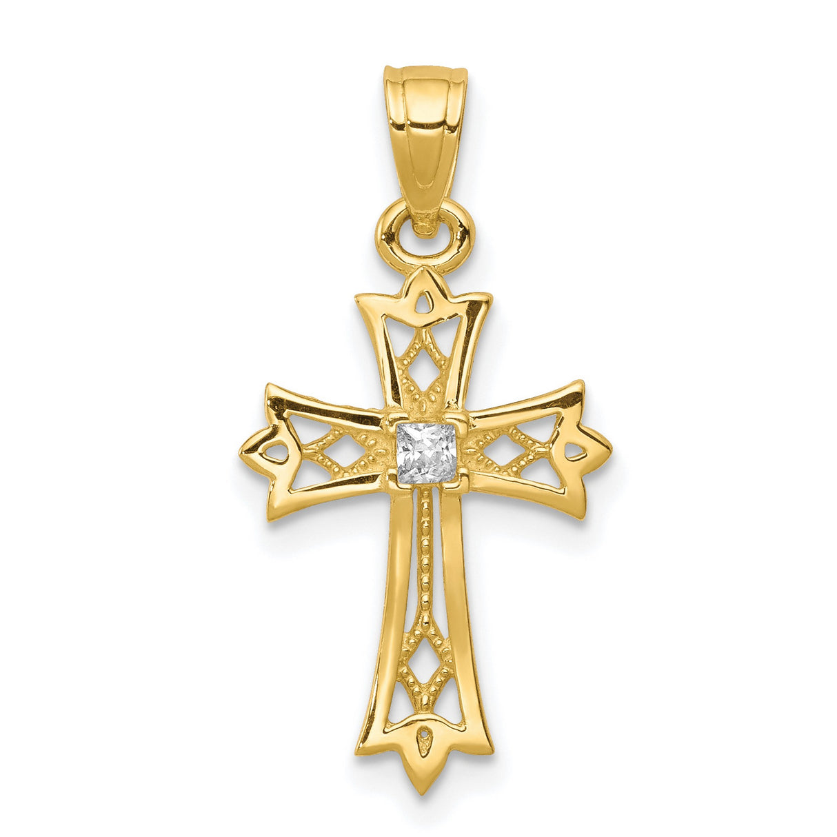 10k Yellow Gold Cross Pendant with Cubic Zirconia, High Polish Vertical Design