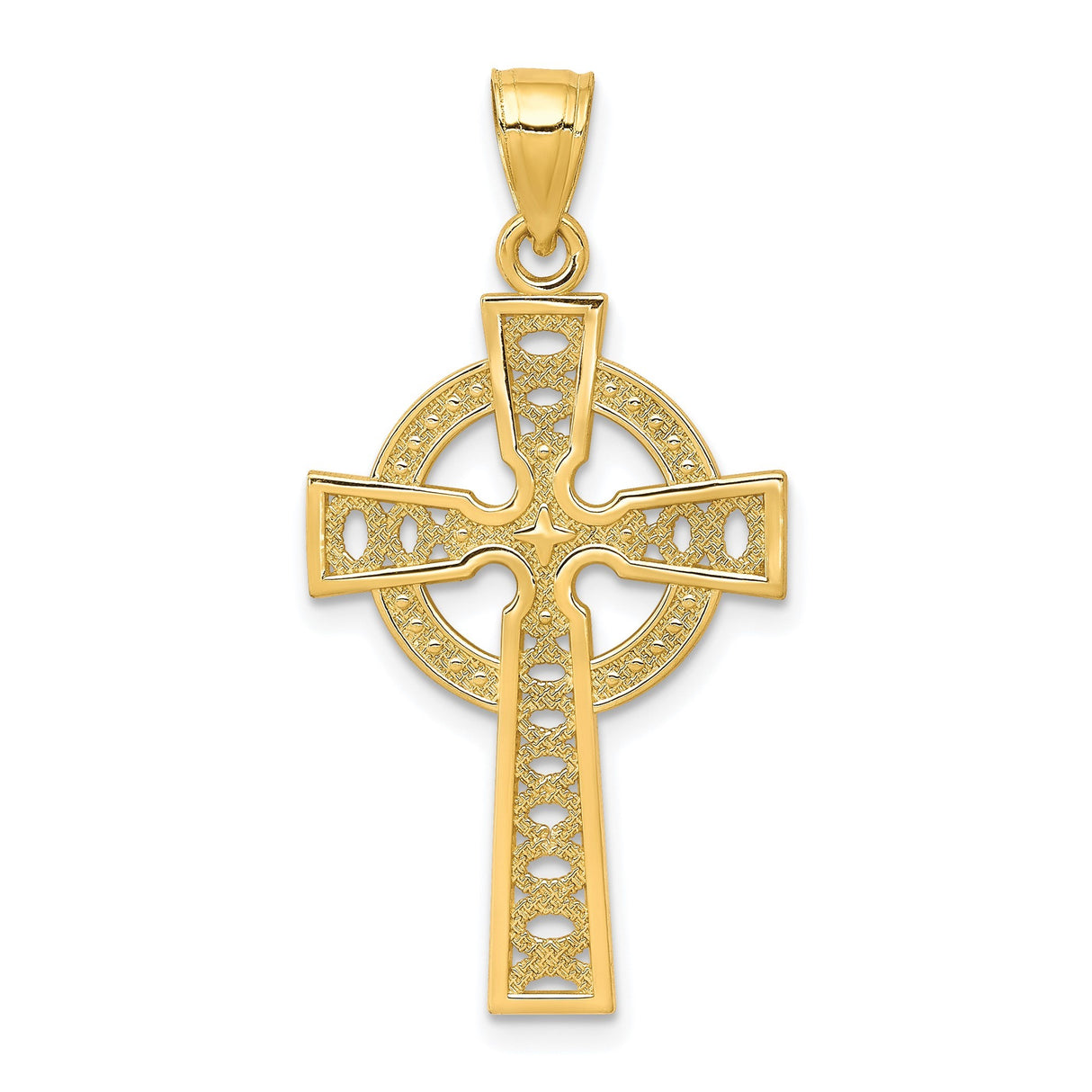 10k Yellow Gold Cross Pendant with Celtic Lattice Design and Halo Detail