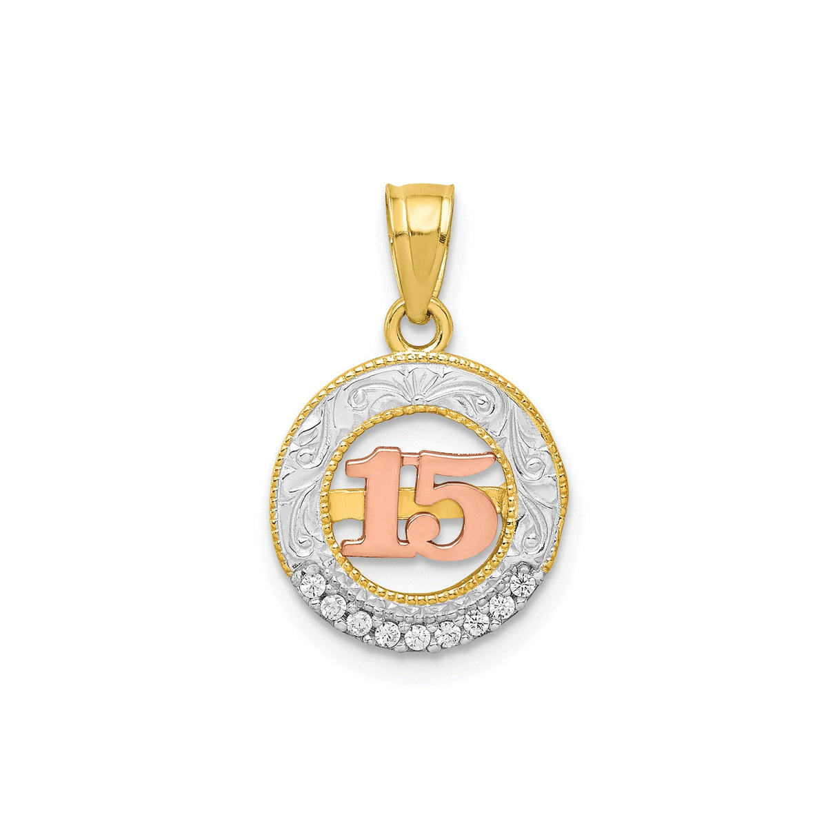 10k Two-Tone Gold Quinceañera Pendant with Cubic Zirconia and Rose Gold 15 Design