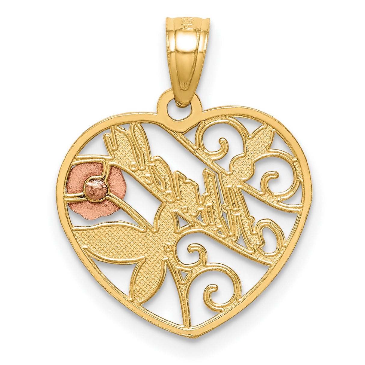 10k Two-Tone Gold Abuela Heart Pendant with Rose Accent and Filigree Design