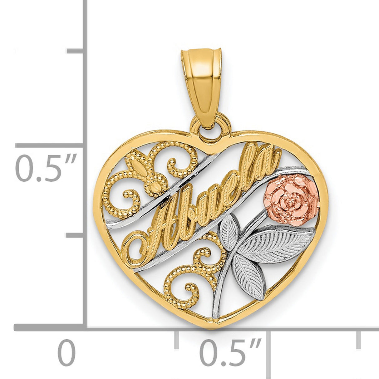 10k Two-Tone Gold Abuela Heart Pendant with Rose Accent and Filigree Design