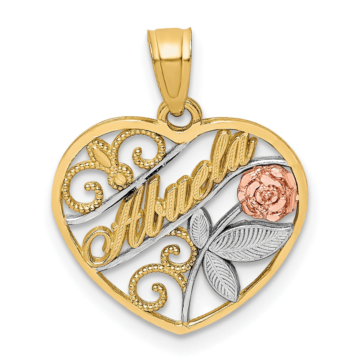 10k Two-Tone Gold Abuela Heart Pendant with Rose Accent and Filigree Design
