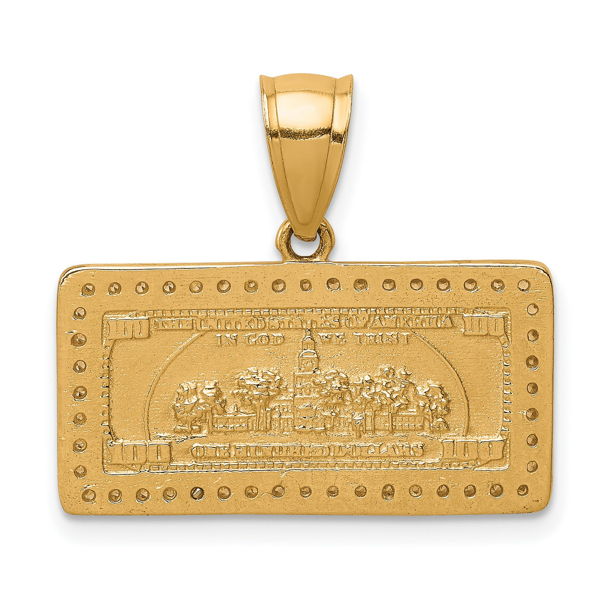 10k Multi-Tone Gold Pendant with Cubic Zirconia, Ben Franklin Face, Diamond-Cut 100 Dollar Bill