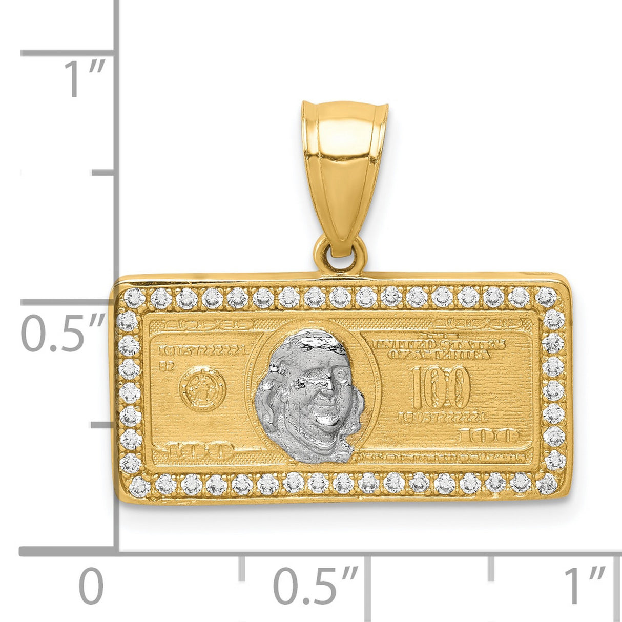 10k Multi-Tone Gold Pendant with Cubic Zirconia, Ben Franklin Face, Diamond-Cut 100 Dollar Bill