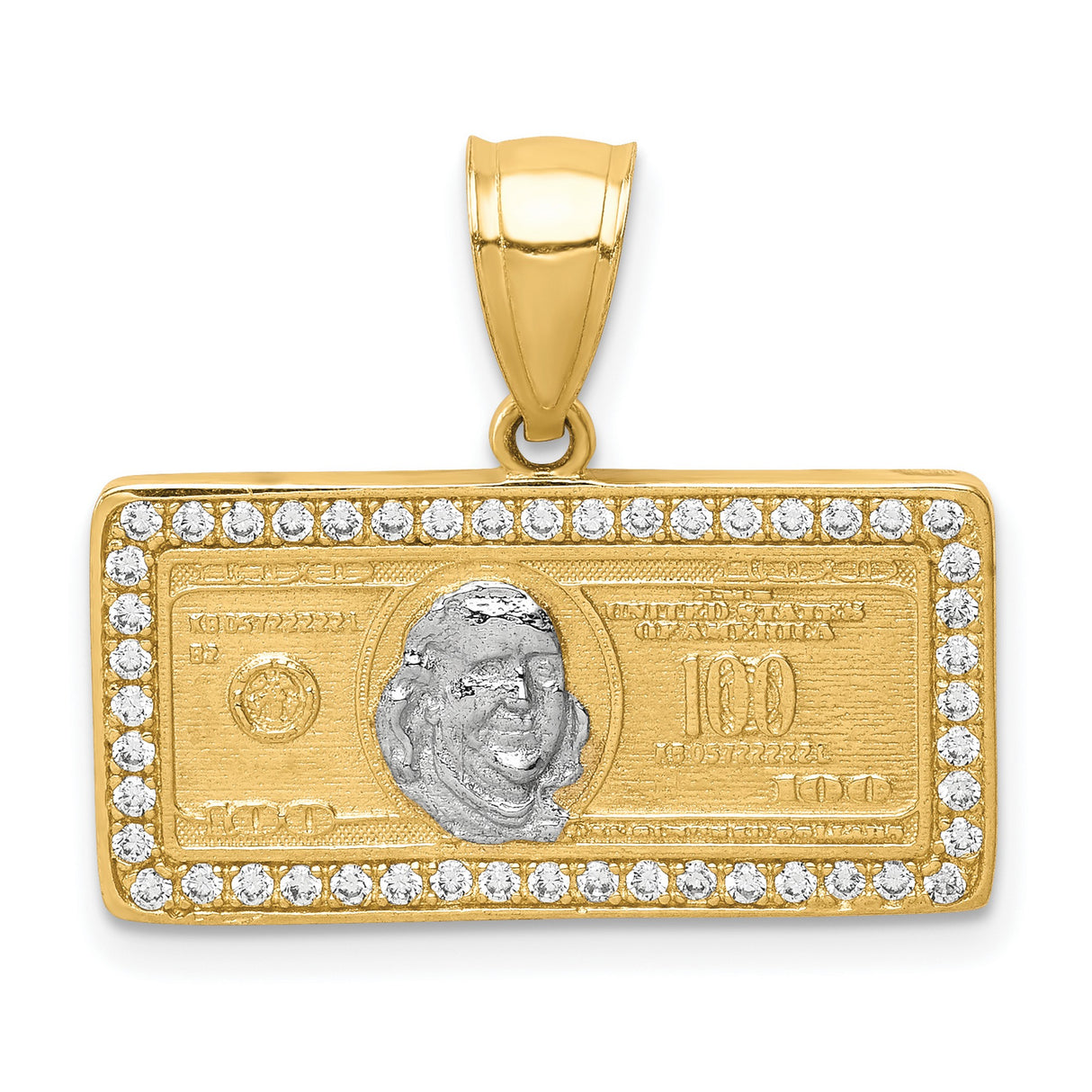 10k Multi-Tone Gold Pendant with Cubic Zirconia, Ben Franklin Face, Diamond-Cut 100 Dollar Bill