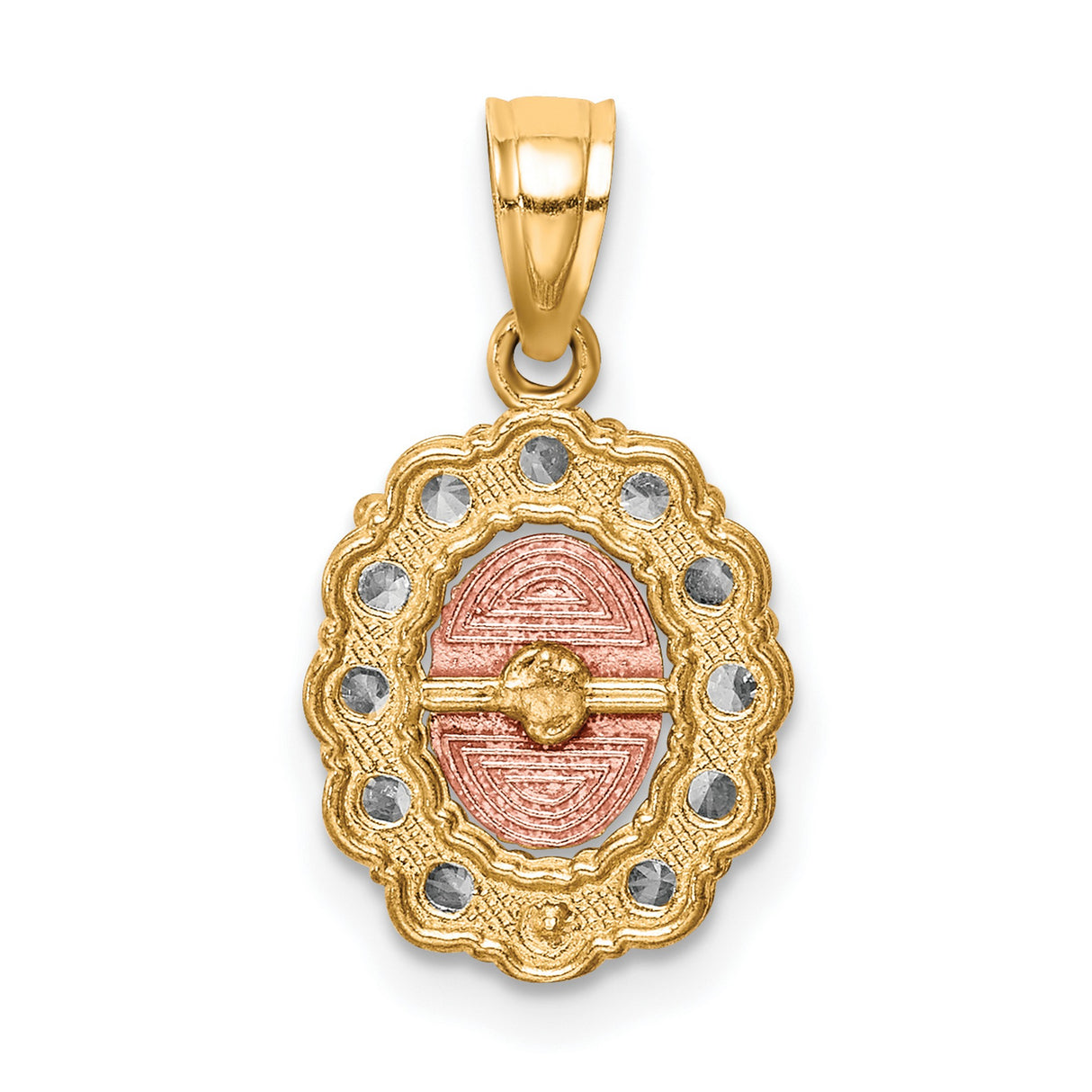10k Two-Tone Gold Guadalupe Pendant with Cubic Zirconia Halo, Rose Gold Virgin Mary, Scalloped Frame