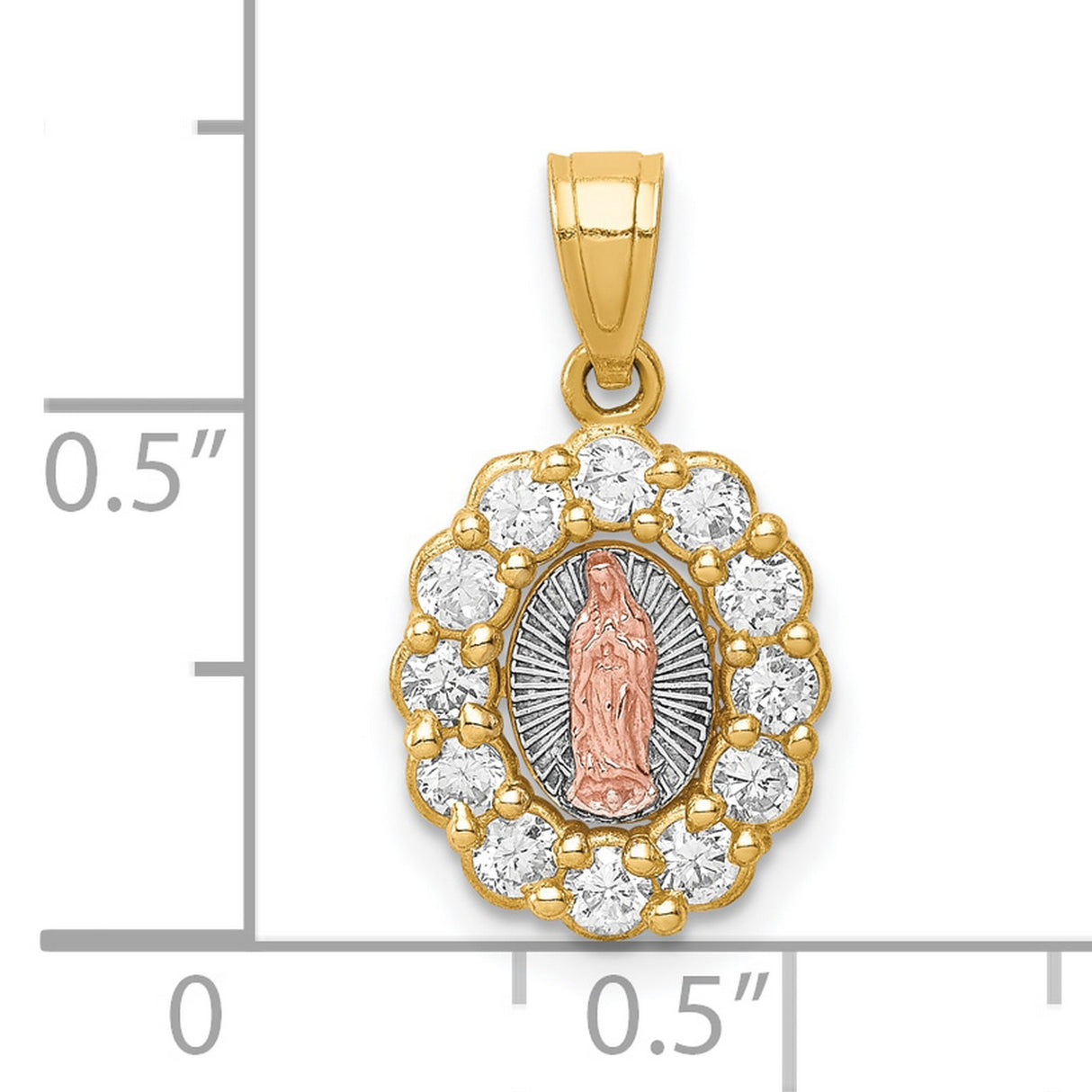 10k Two-Tone Gold Guadalupe Pendant with Cubic Zirconia Halo, Rose Gold Virgin Mary, Scalloped Frame