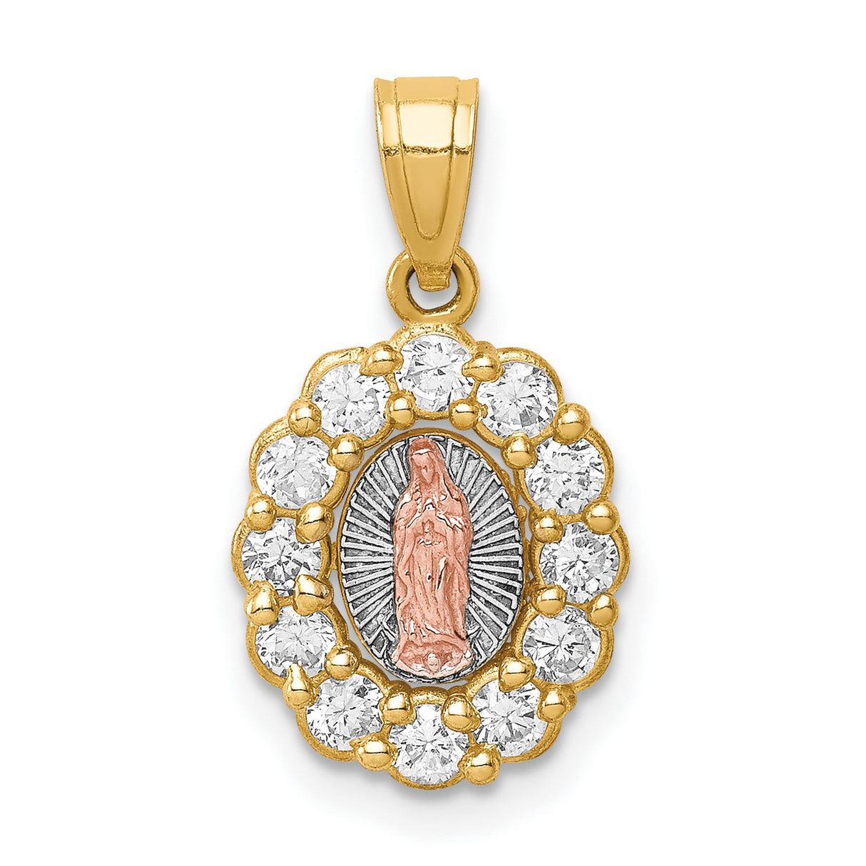 10k Two-Tone Gold Guadalupe Pendant with Cubic Zirconia Halo, Rose Gold Virgin Mary, Scalloped Frame