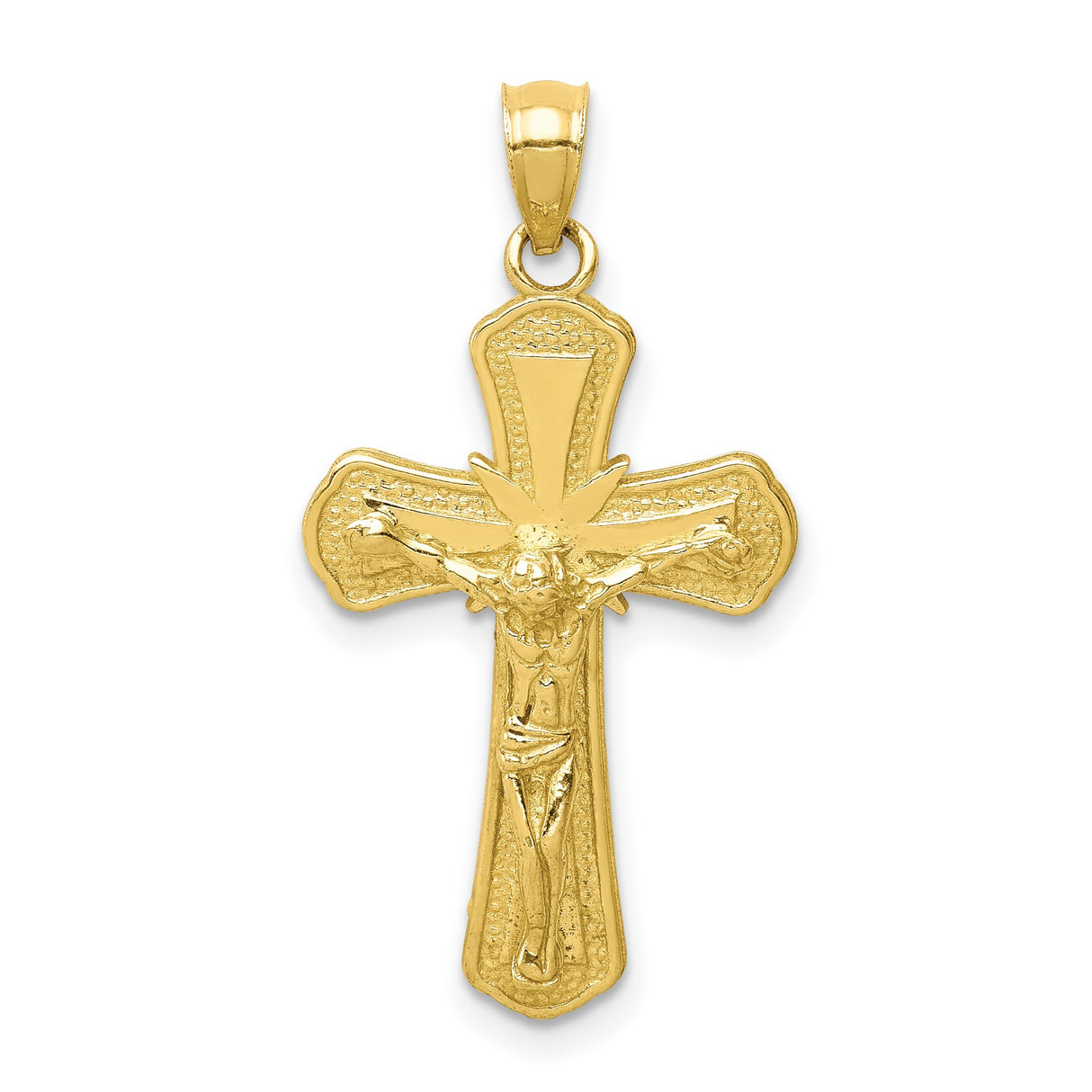 10k Yellow Gold Crucifix Pendant with Textured Cross and Polished Jesus Detail
