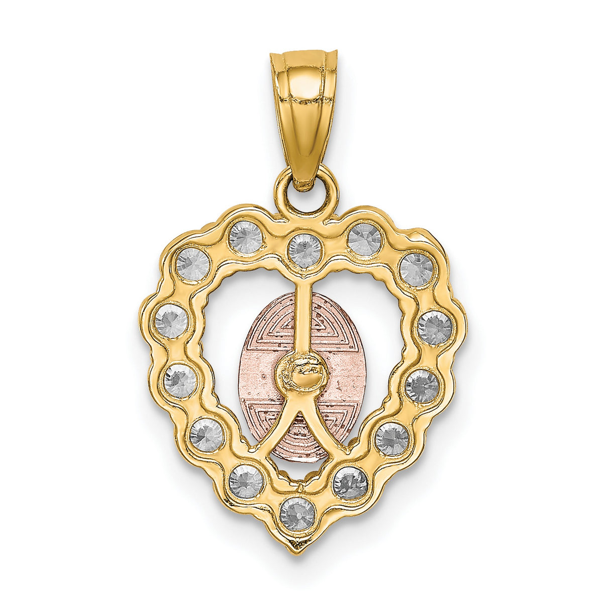 10k Two Tone Gold Heart Pendant with Cubic Zirconia, Virgin Mary and Rose Gold Our Lady of Guadalupe