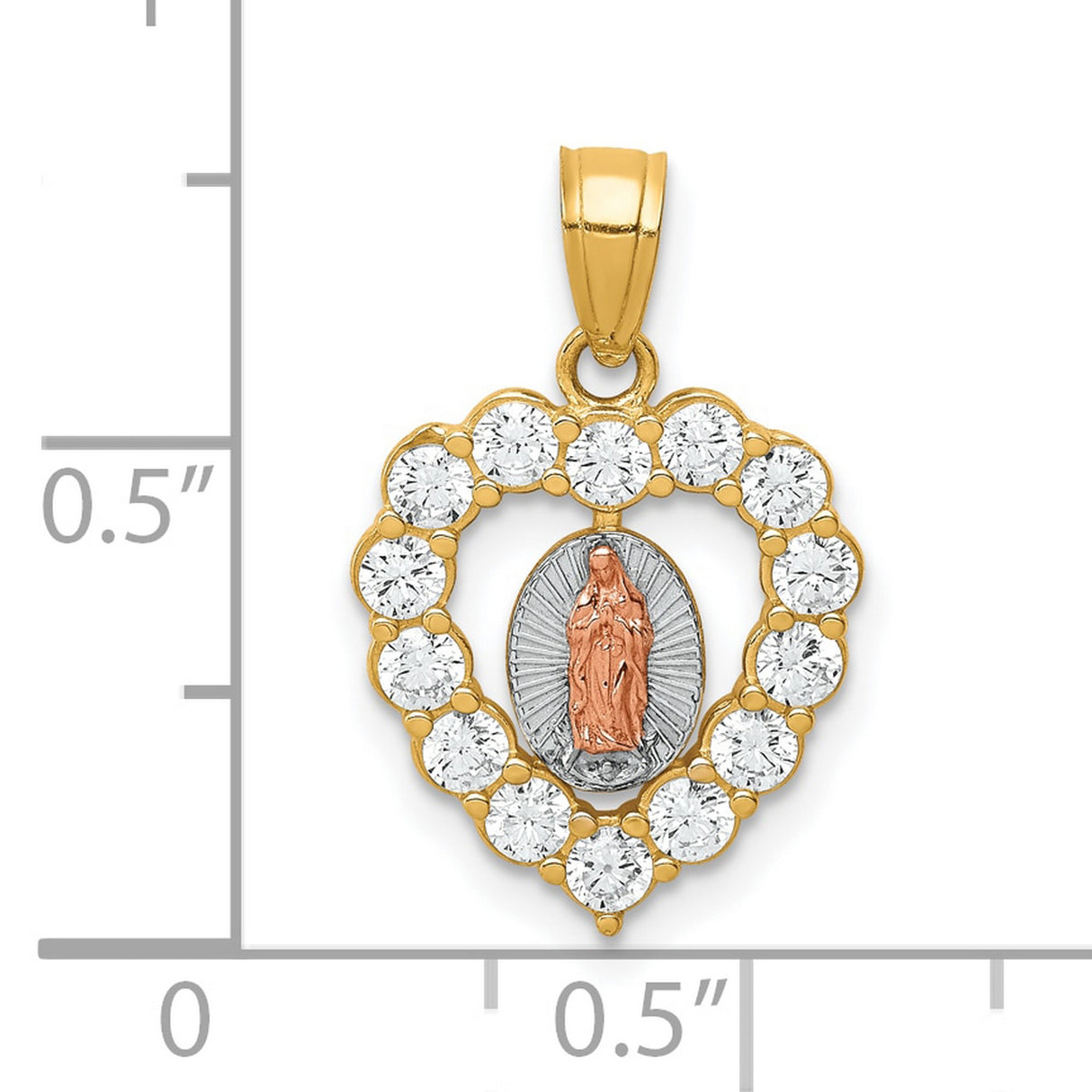 10k Two Tone Gold Heart Pendant with Cubic Zirconia, Virgin Mary and Rose Gold Our Lady of Guadalupe