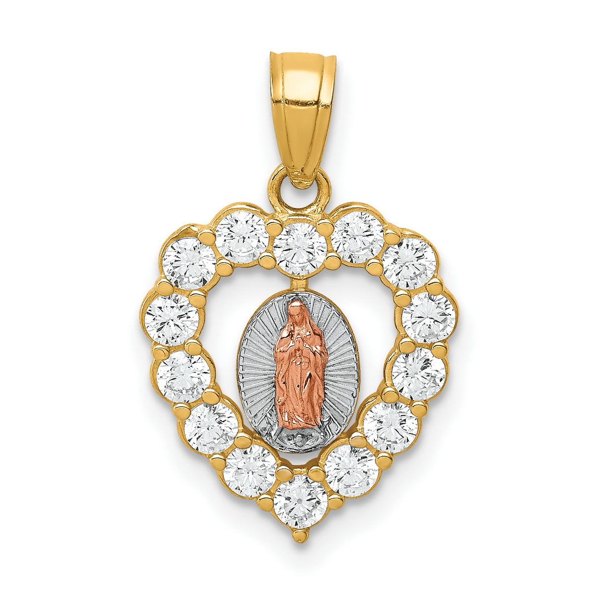 10k Two Tone Gold Heart Pendant with Cubic Zirconia, Virgin Mary and Rose Gold Our Lady of Guadalupe