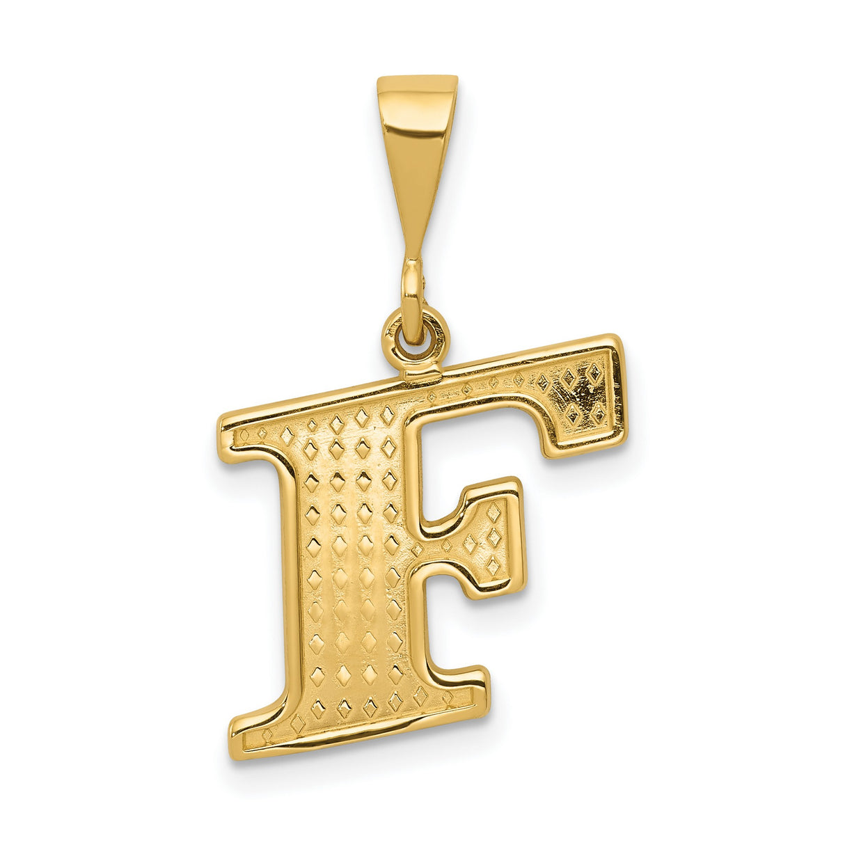 10k Yellow Gold Initial F Pendant, Textured Diamond Cut Letter Charm, Unisex Minimalist Jewelry