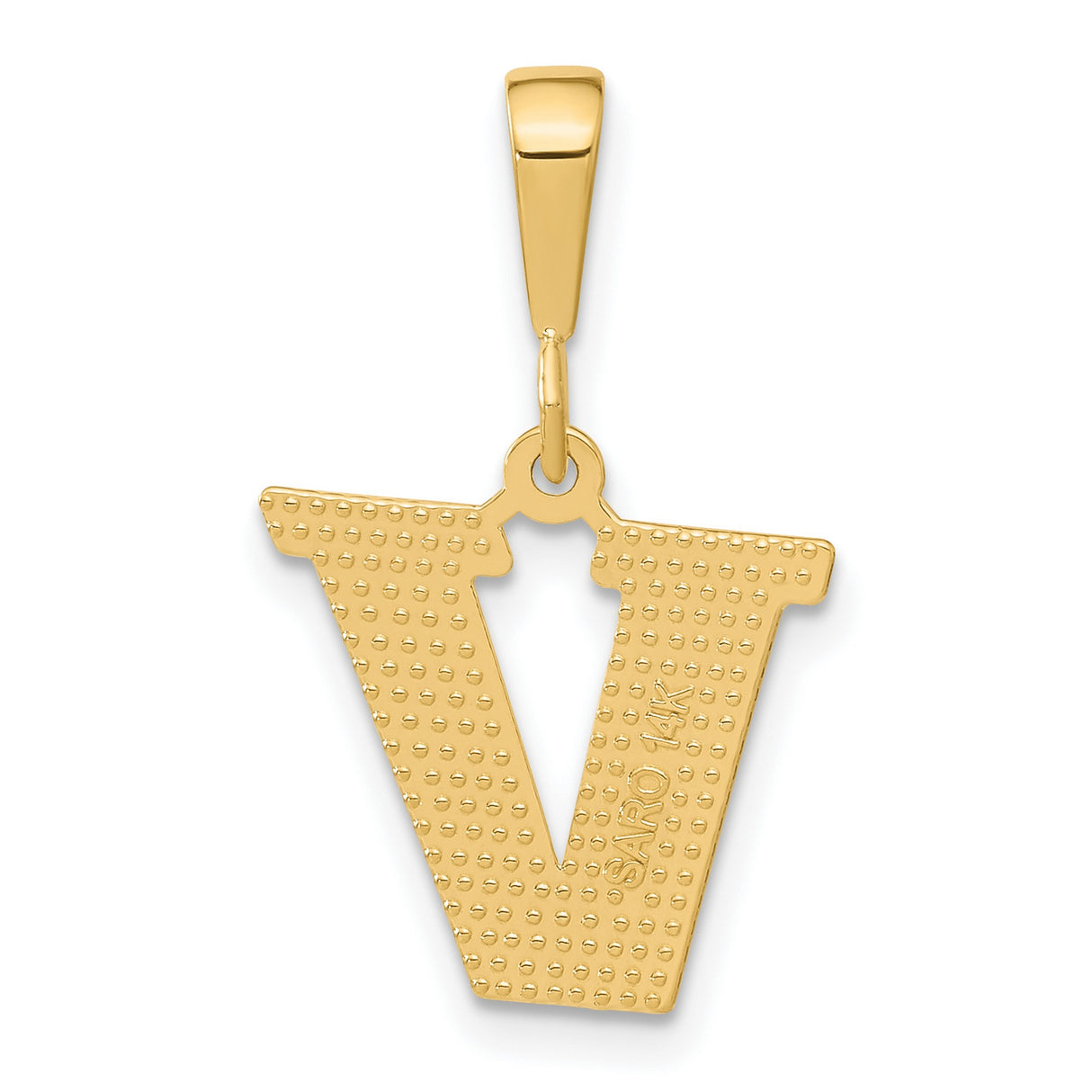 10k Yellow Gold Letter V Pendant, Textured Block Initial Charm with Serif Design
