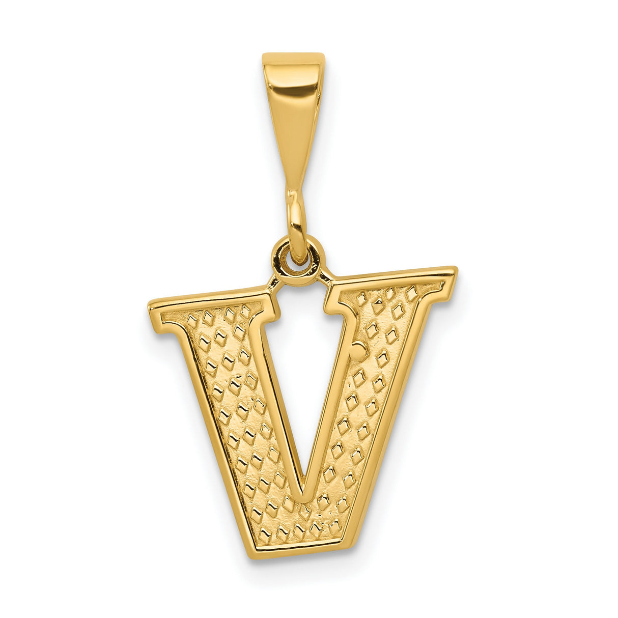 10k Yellow Gold Letter V Pendant, Textured Block Initial Charm with Serif Design