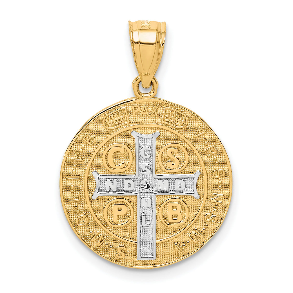 10k Multi-Tone Gold Saint Benedict Medallion Pendant with Rhodium Accents, Latin Inscription