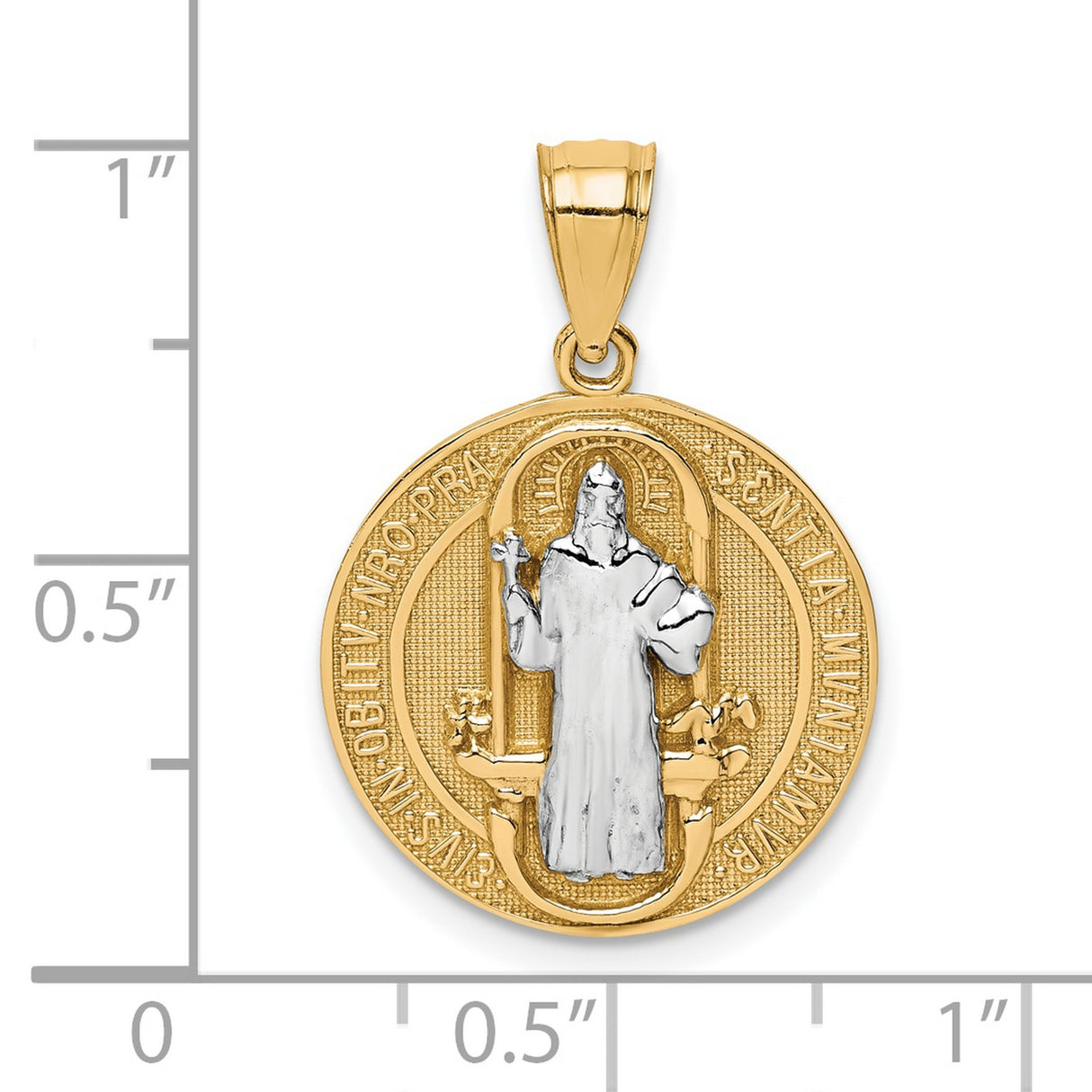 10k Multi-Tone Gold Saint Benedict Medallion Pendant with Rhodium Accents, Latin Inscription