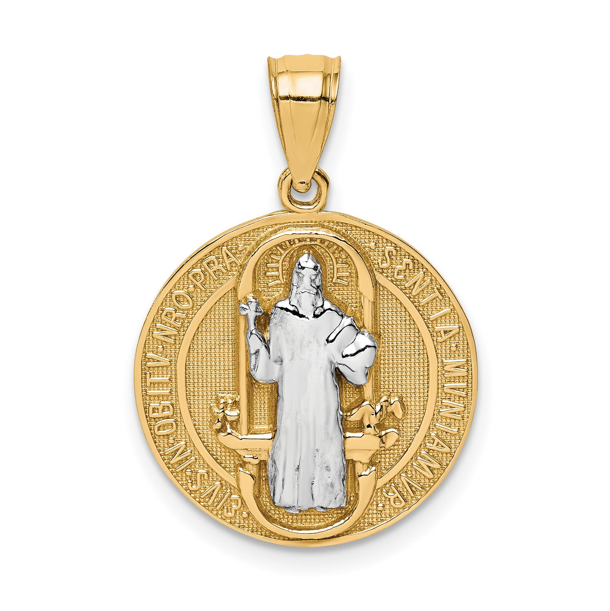 10k Multi-Tone Gold Saint Benedict Medallion Pendant with Rhodium Accents, Latin Inscription