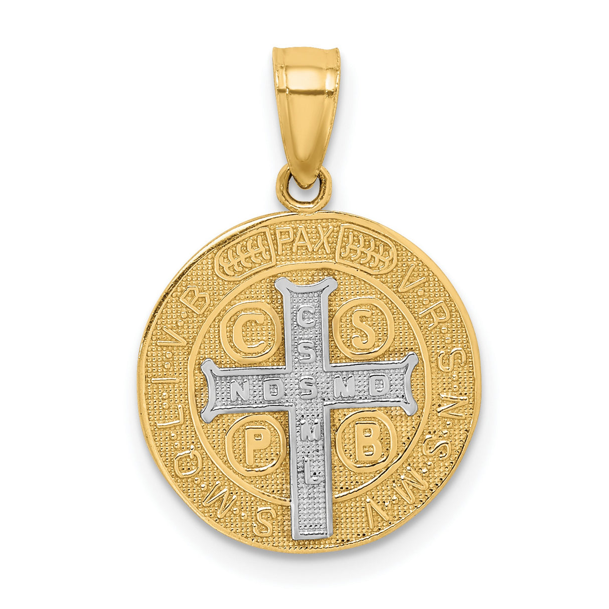10k Multi-Tone Gold Saint Benedict Medal Pendant with Rhodium Accent