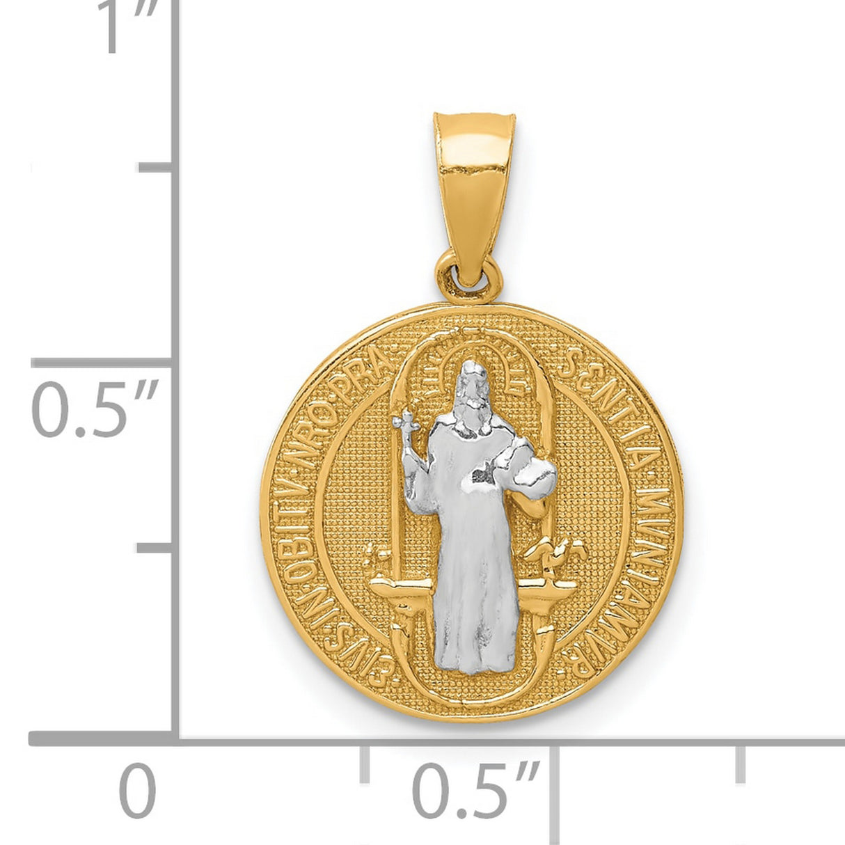 10k Multi-Tone Gold Saint Benedict Medal Pendant with Rhodium Accent