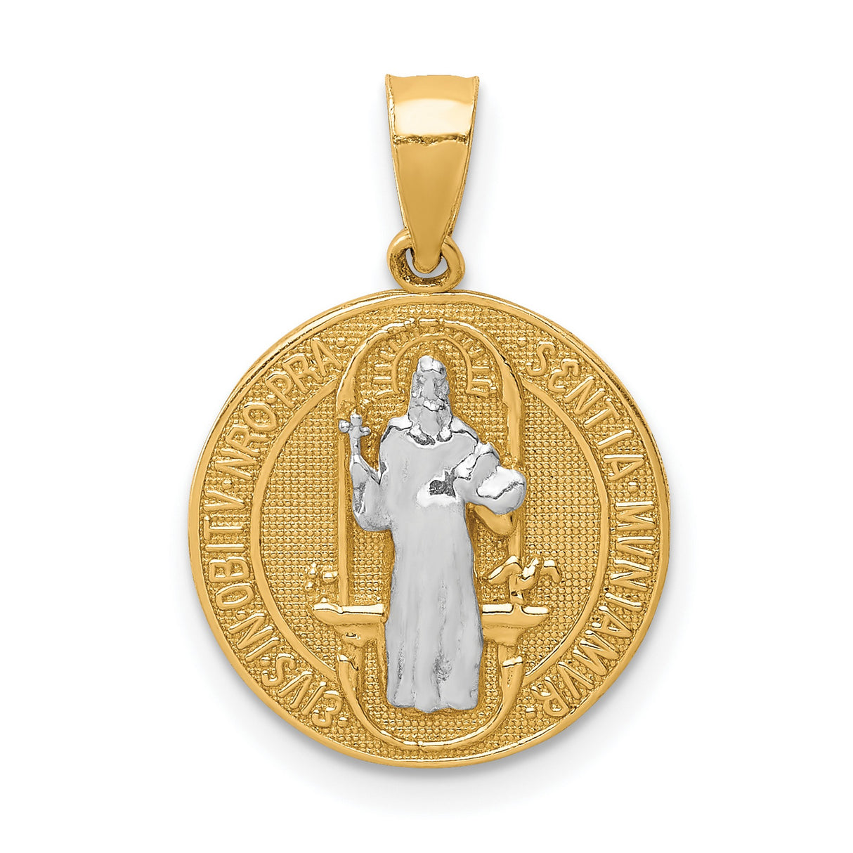 10k Multi-Tone Gold Saint Benedict Medal Pendant with Rhodium Accent