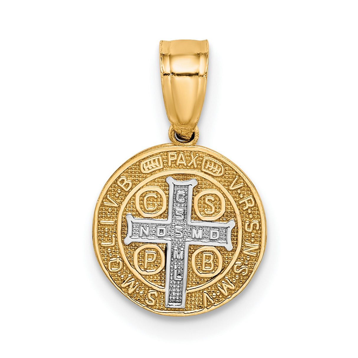 10k Multi-Tone Gold St. Benedict Medal Pendant with Rhodium Accent, Catholic Religious Theme