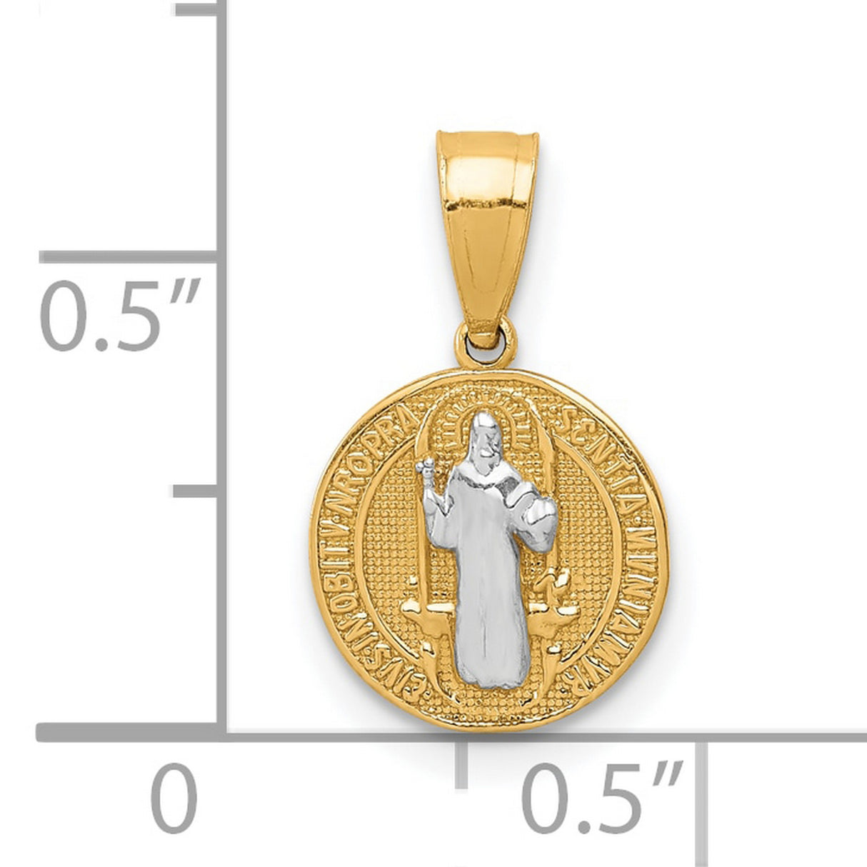 10k Multi-Tone Gold St. Benedict Medal Pendant with Rhodium Accent, Catholic Religious Theme