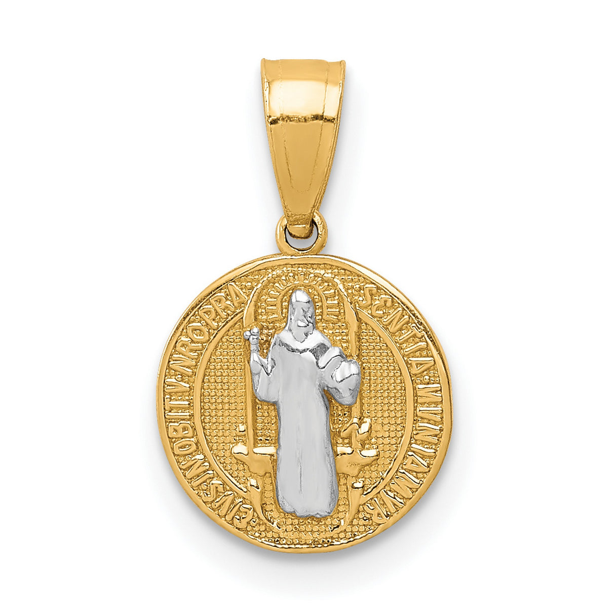 10k Multi-Tone Gold St. Benedict Medal Pendant with Rhodium Accent, Catholic Religious Theme