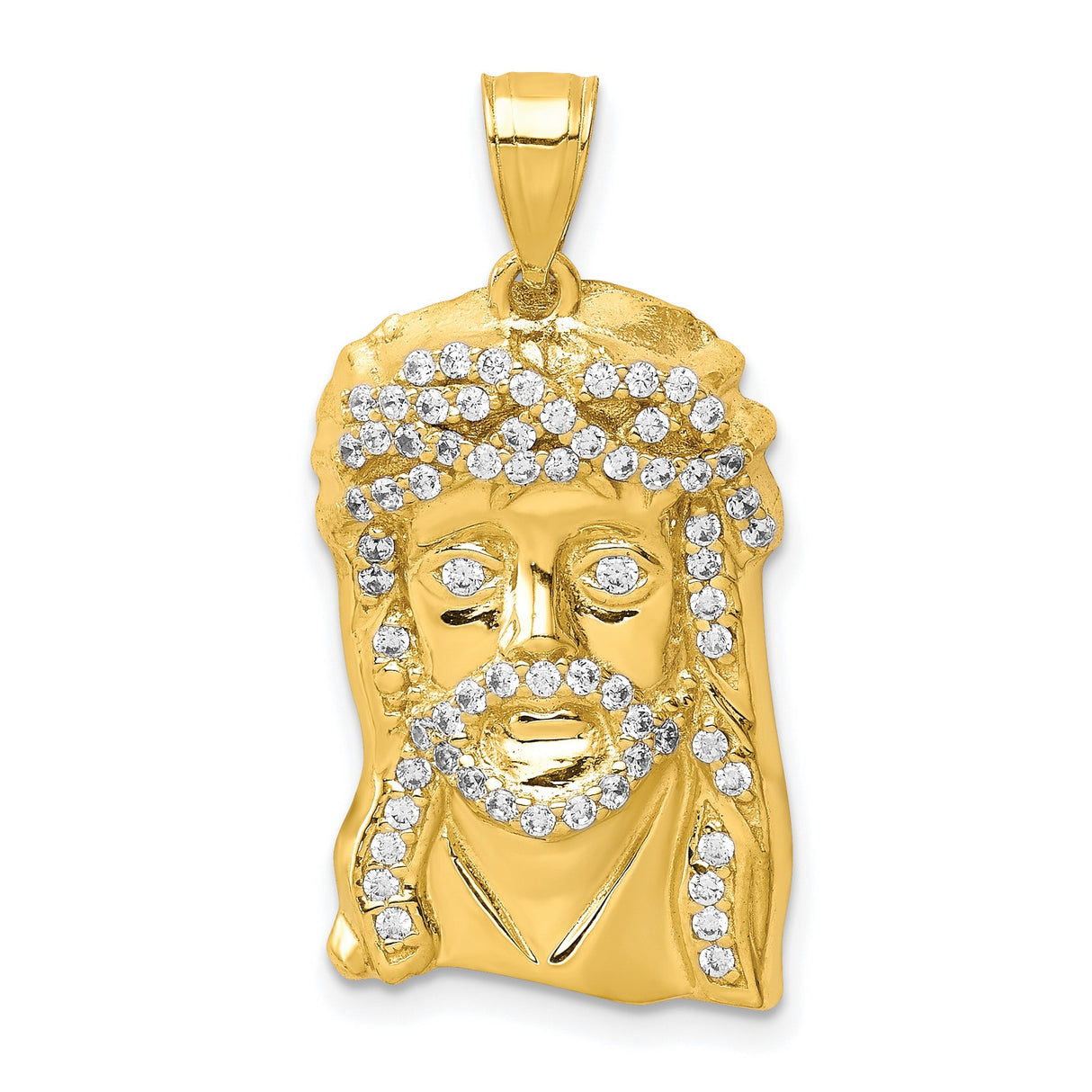 10k Yellow Gold Jesus Face Pendant with Cubic Zirconia, Crown of Thorns Christian Charm for Men