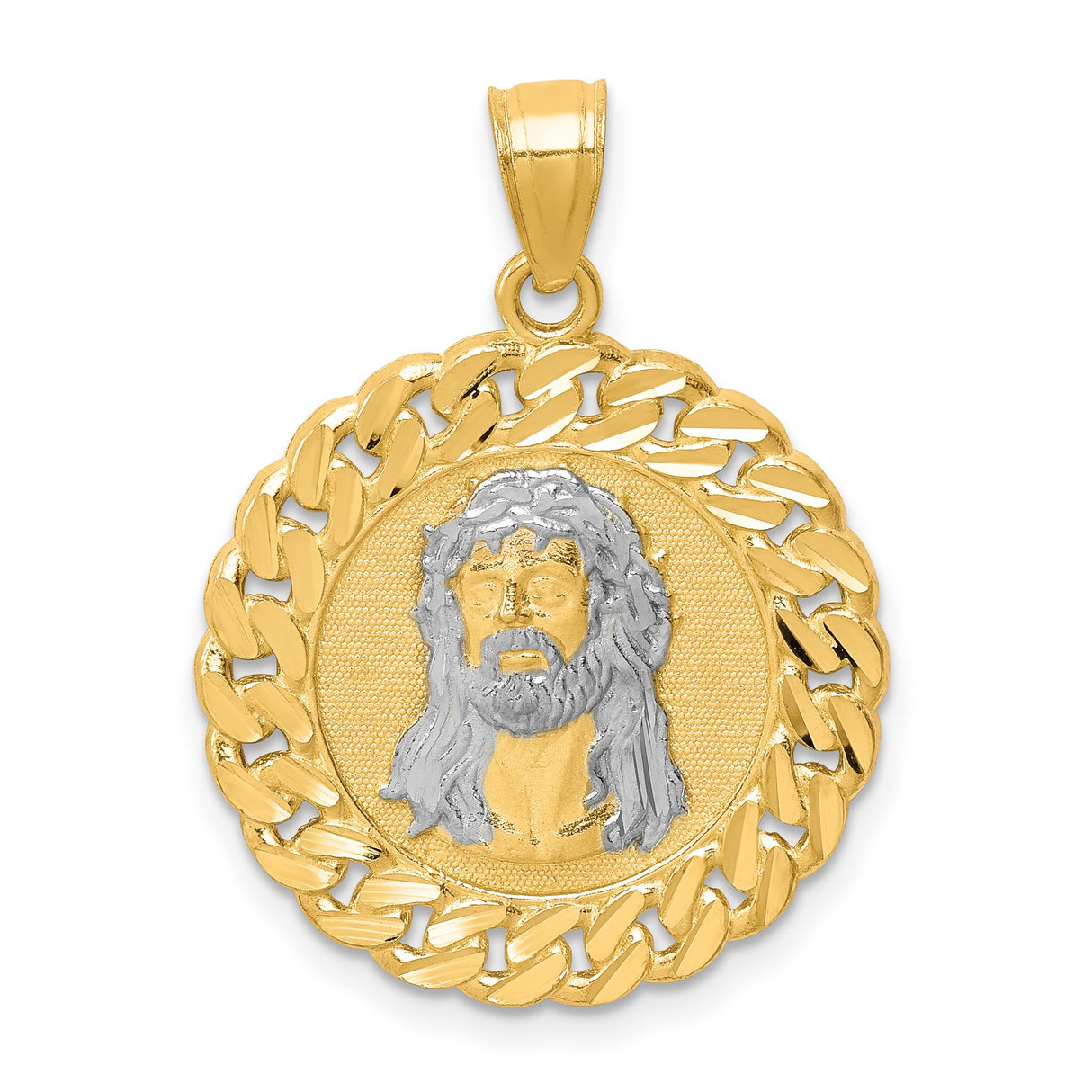 10k Multi-Tone Gold Jesus Pendant with Crown of Thorns and Cuban Link Border