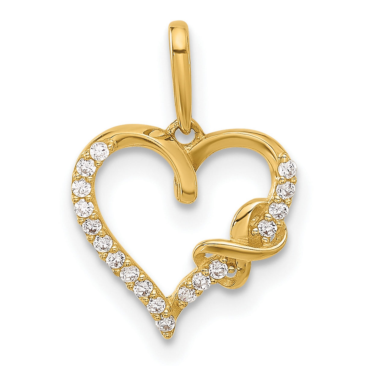 10k Yellow Gold Heart Pendant with Infinity Loop and White Stones, Romantic Curved Design for Women