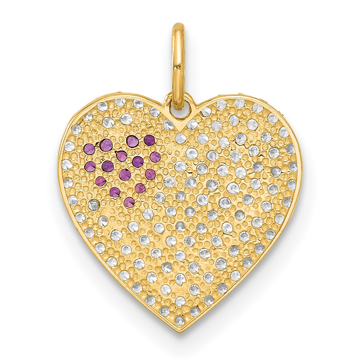10k Yellow Gold Heart Pendant with Pavé White Stones and Inset Purple Gemstone