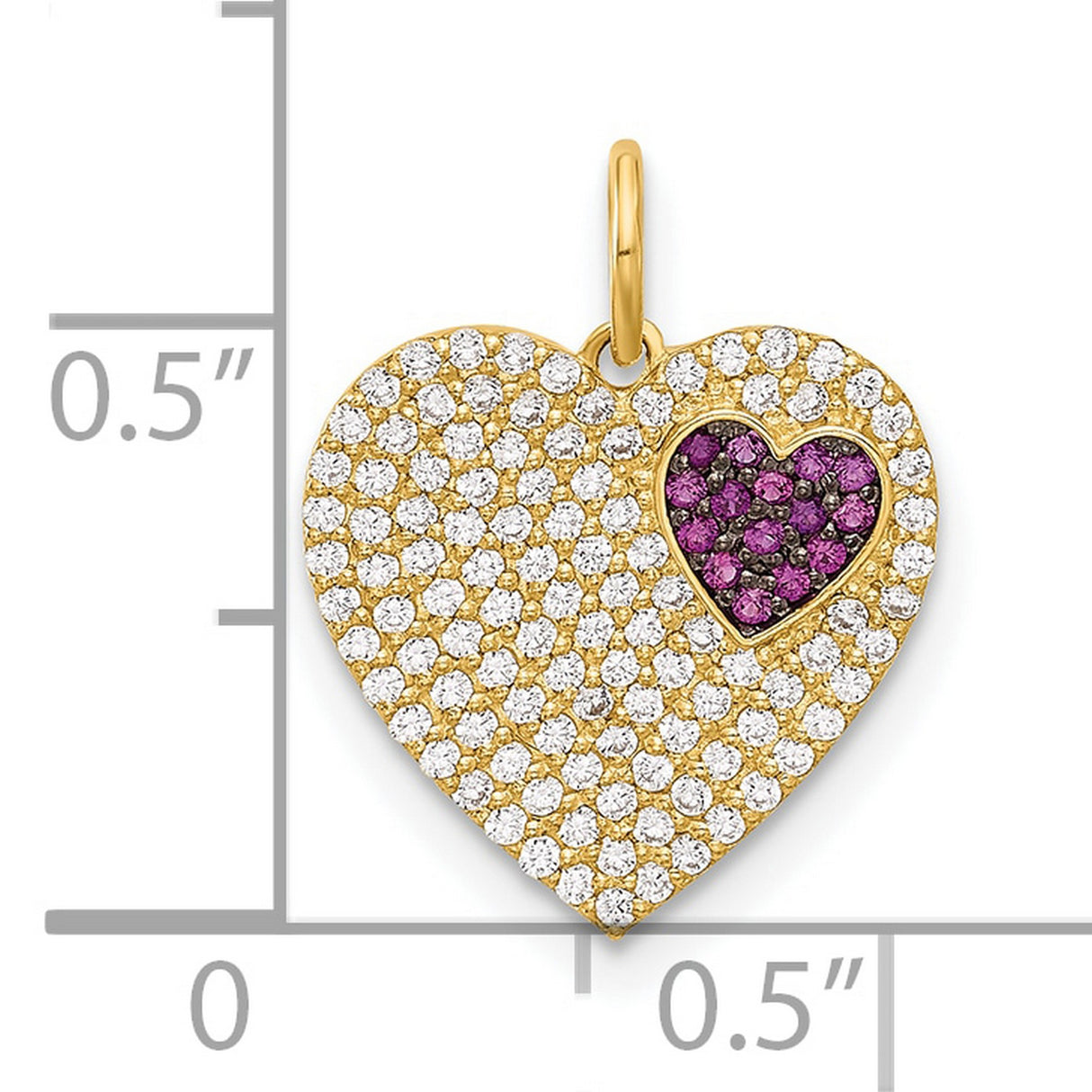 10k Yellow Gold Heart Pendant with Pavé White Stones and Inset Purple Gemstone