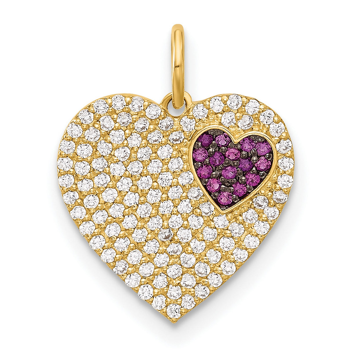 10k Yellow Gold Heart Pendant with Pavé White Stones and Inset Purple Gemstone