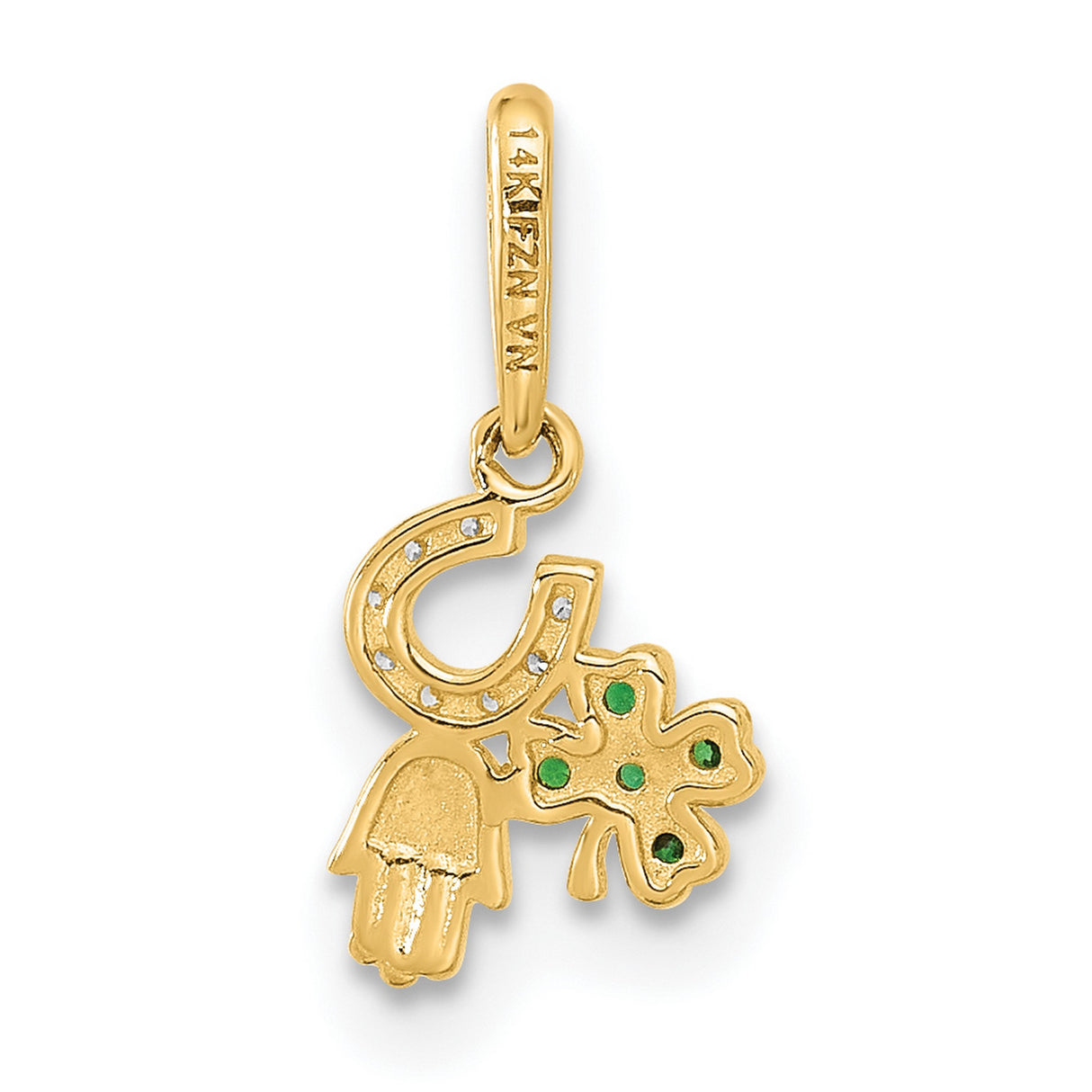 10k Yellow Gold Pendant with Hamsa Hand, Four-Leaf Clover, Horseshoe and Green Stones