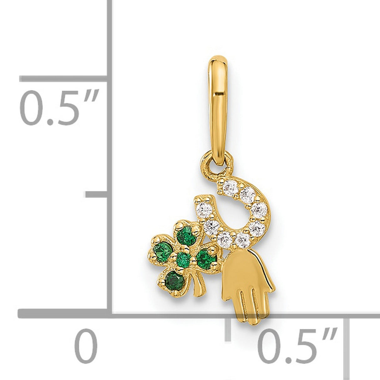 10k Yellow Gold Pendant with Hamsa Hand, Four-Leaf Clover, Horseshoe and Green Stones